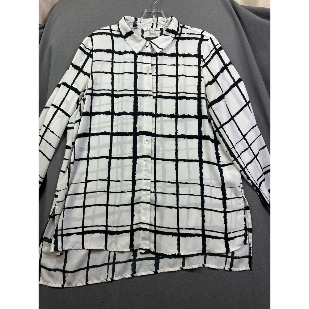 Spense Women's Black White Windowpane Grid High Low Button Down Blouse L Large